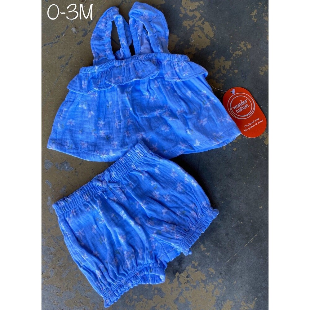 NWT Wonder Nation 0-3M Baby Girl Blue Floral Gauze Ruffle Top & Bloomers Set